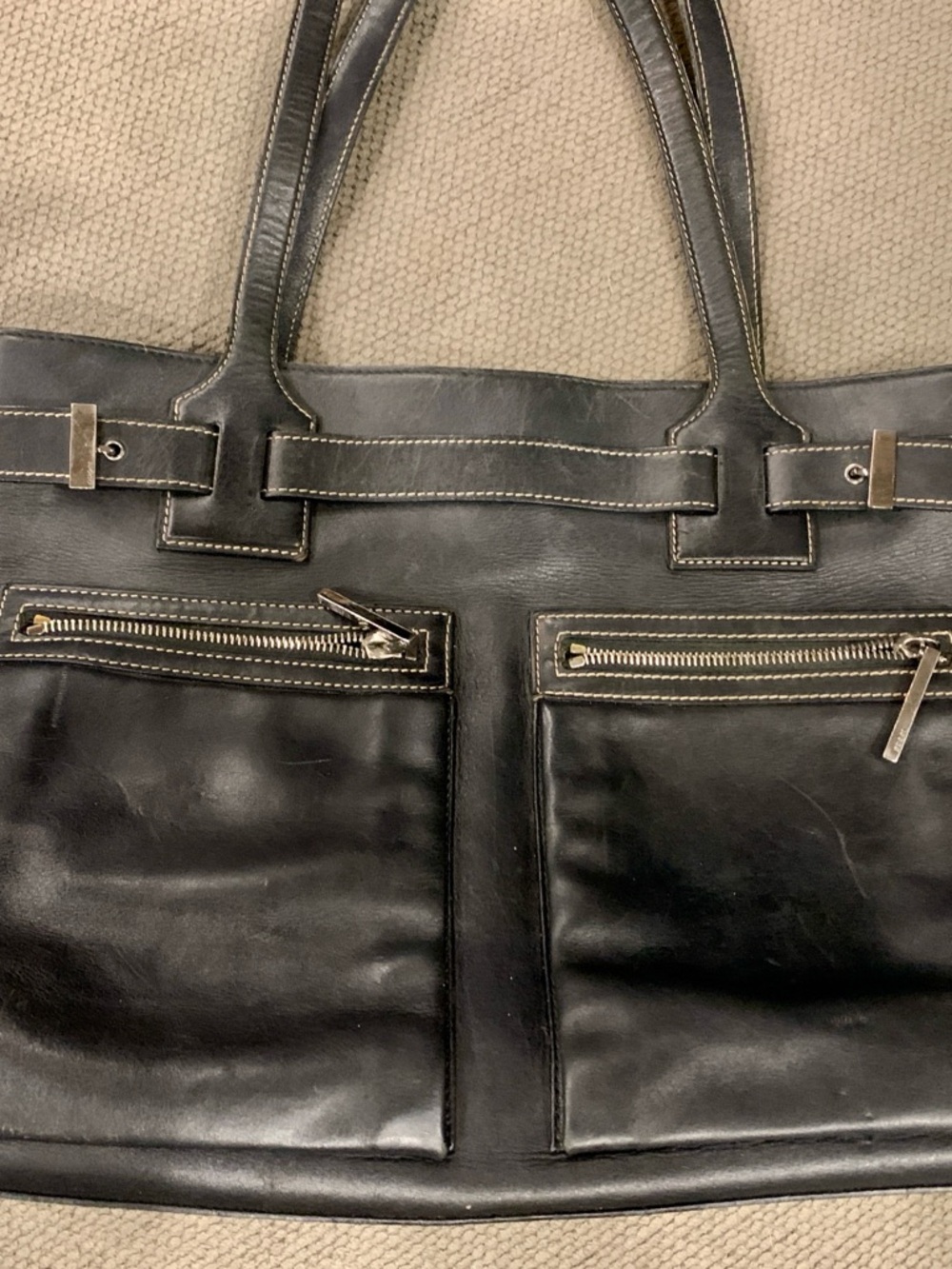 Vintage Gucci Large Soft, Black, Leather Tote with Front Zip Pockets.